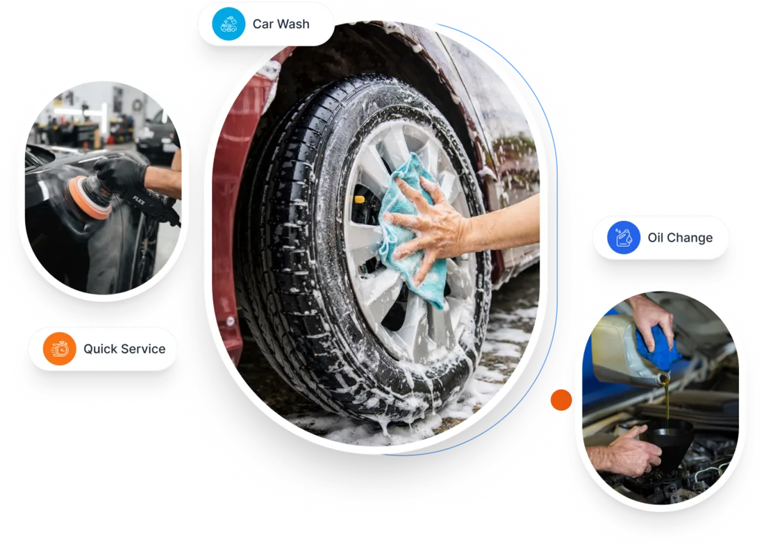 A technician washing a car wheel, with car wash, quick service and oil change highlighted