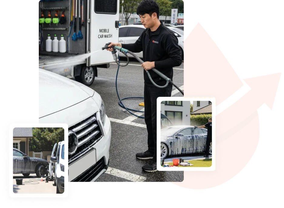 A Qwiksurv professional washing a car from a mobile car wash van