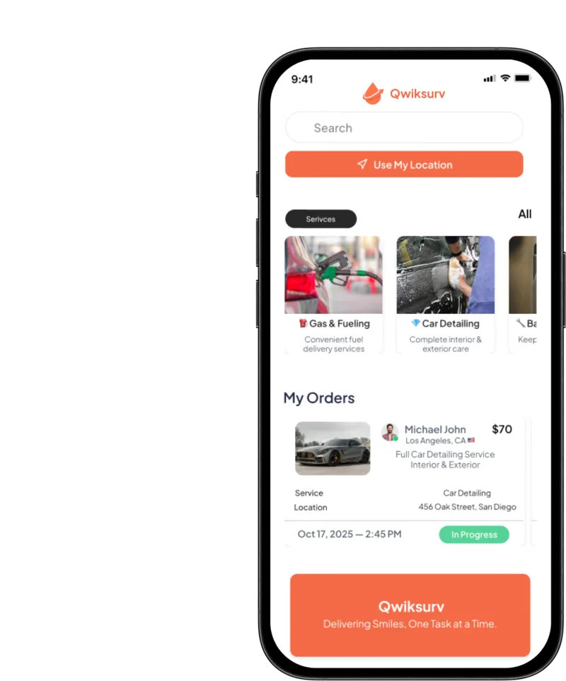 The Qwiksurv app showing service categories and a provider's current order