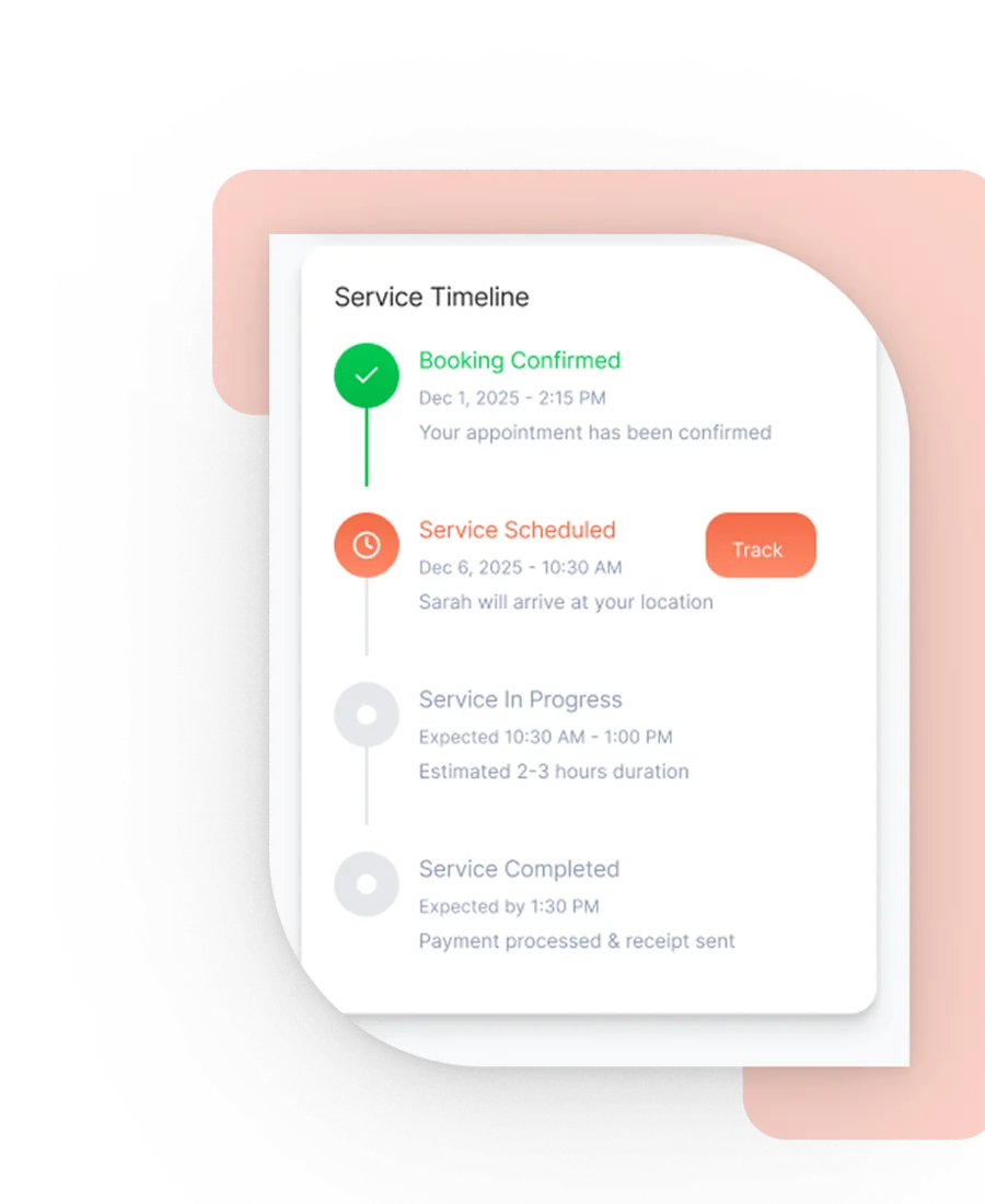 The app's service timeline: booking confirmed, service scheduled, in progress, then completed