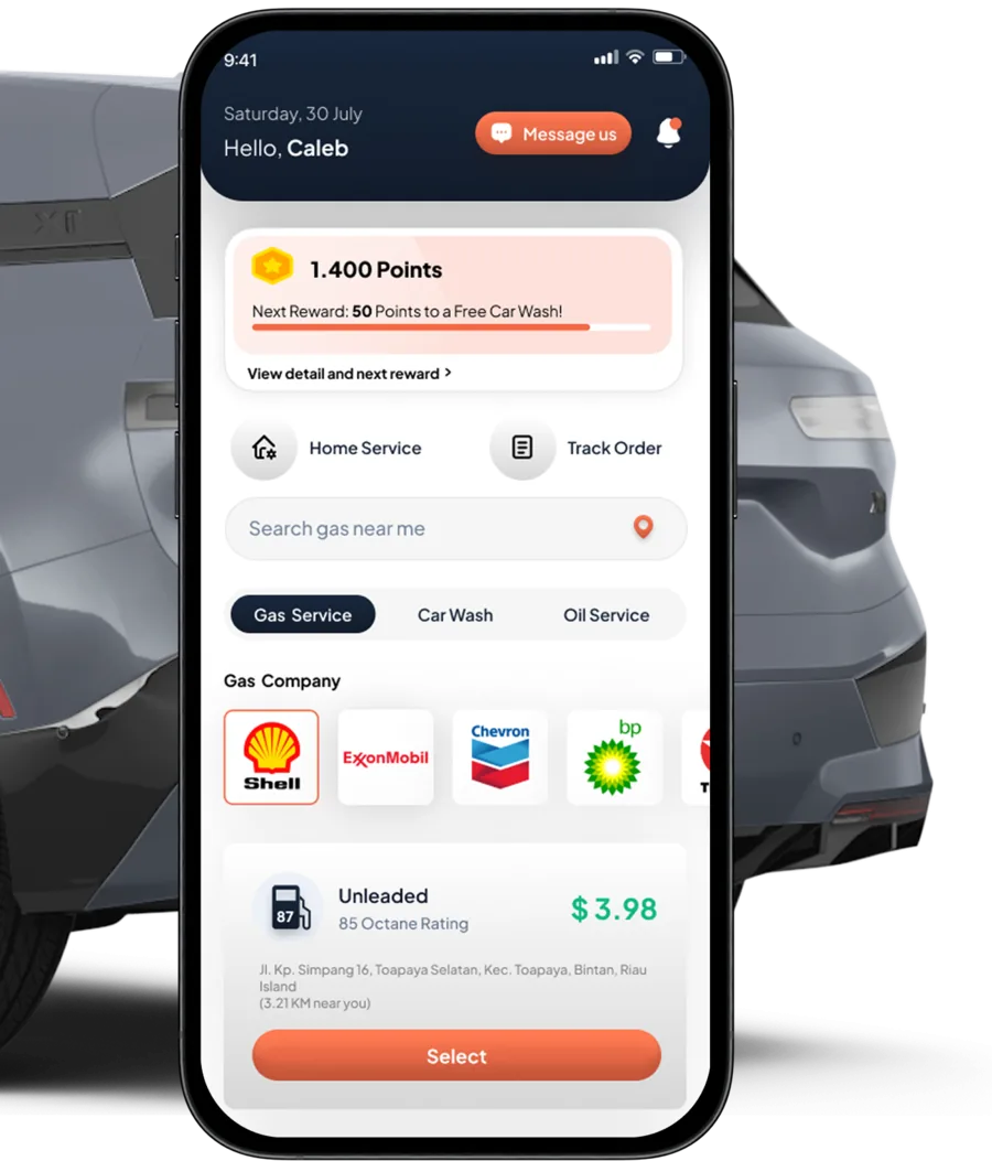 The Qwiksurv app showing rewards, service categories and a fuel price near you